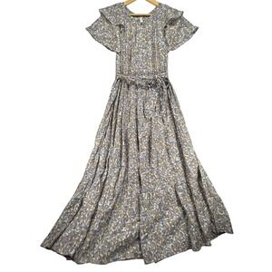 Mirth Vienna Maxi Dress‎ Floral Print Ruffle Sleeve Cotton Silk Blend Boho XS